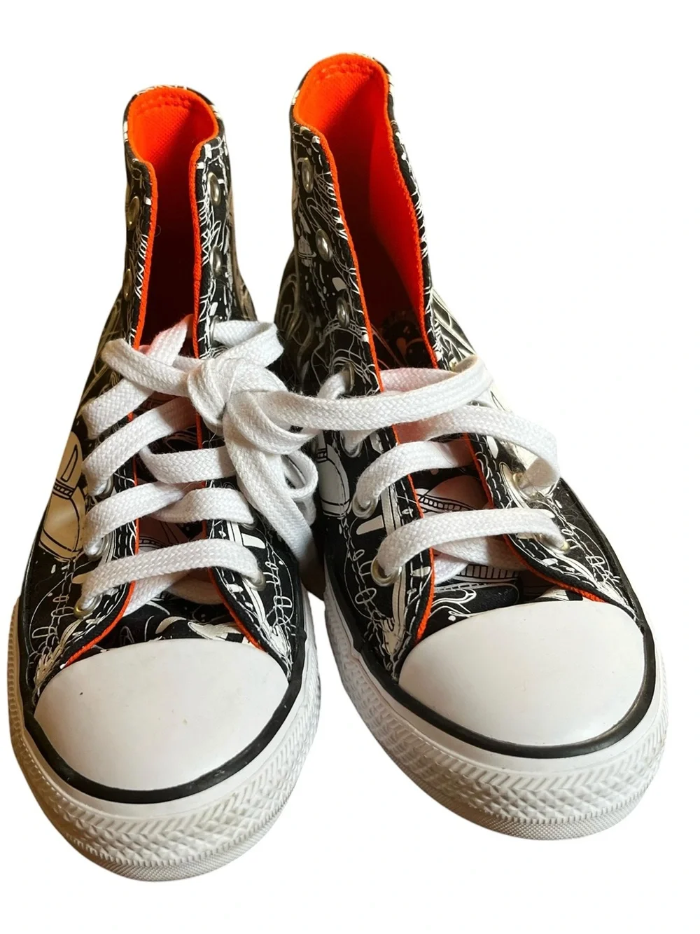 US 2 Converse Kids Black & White UFO Space Graphic High-Tops With Orange Lining